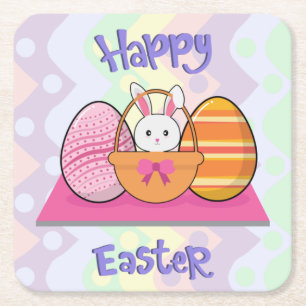 Happy Oaster Bunny Eggs Basket Niedlich Ostern Rechteckiger Pappuntersetzer