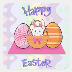 Happy Oaster Bunny Eggs Basket Quadratischer Aufkleber
