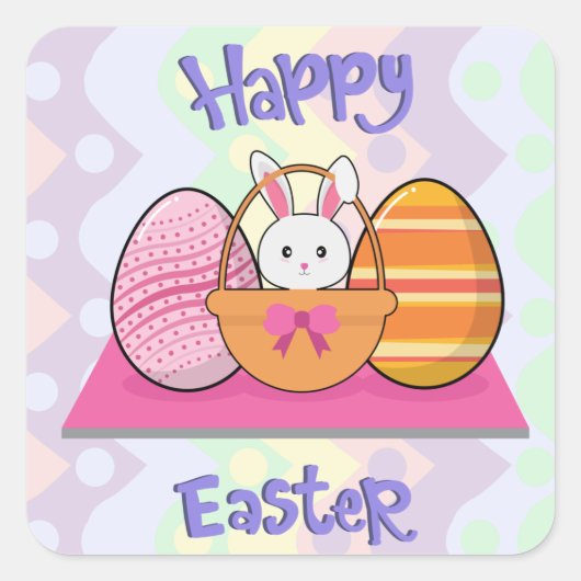 Happy Oaster Bunny Eggs Basket Quadratischer Aufkleber (Vorderseite)