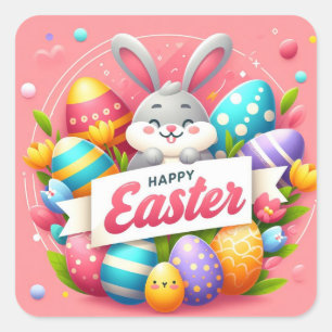 Happy Oaster - Bunny Eggs in Pastellfarben Quadratischer Aufkleber