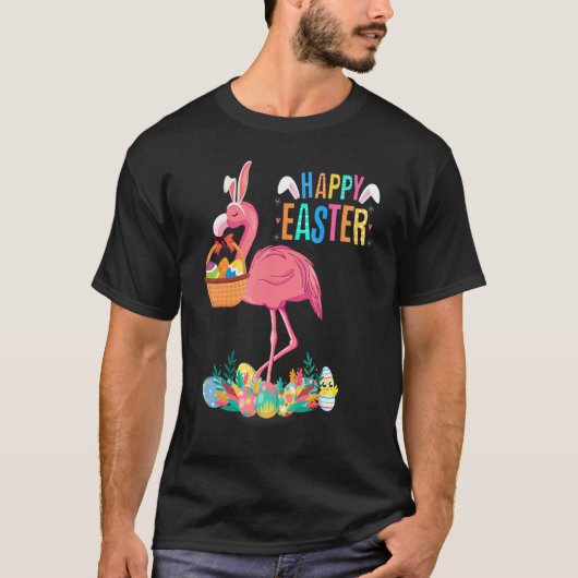 Happy Oaster Bunny Flamingo mit Ostereier Korb T-Shirt (Vorderseite)