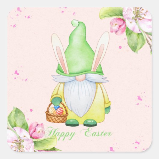 Happy Oaster Bunny Gnome Quadratischer Aufkleber (Vorderseite)