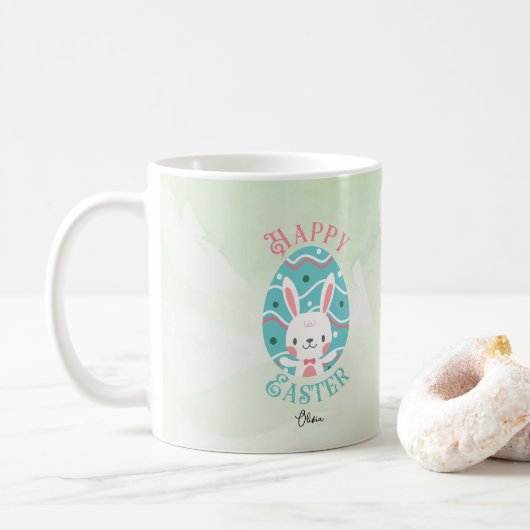 Happy Oaster Bunny In Ei mit Namen Kaffeetasse (Mit Donut)