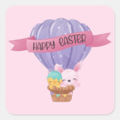 Happy Oaster Bunny in Hot Air Ballon Quadratischer Aufkleber (Vorderseite)