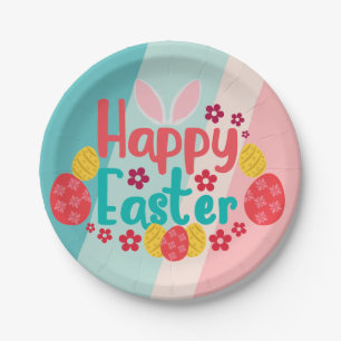 Happy Oaster Bunny Oars Pink Blue Eggs Pappteller