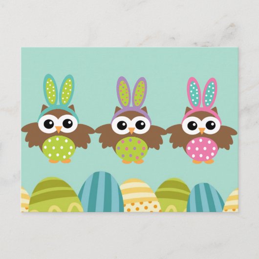 Happy Oaster Bunny Owls Feiertagspostkarte (Vorderseite)