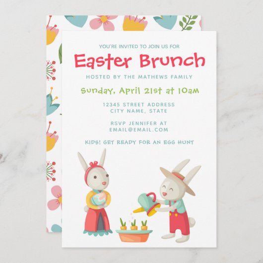 Happy Oaster Bunny Rabbit Floral Brunch Einladung (Vorne/Hinten)
