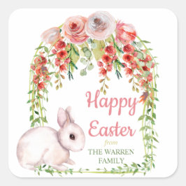 Happy Oaster Bunny Rabbit Floral Frame Quadratischer Aufkleber