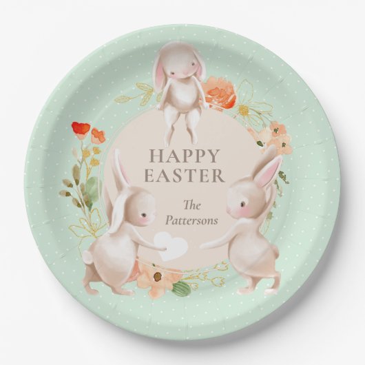 Happy Oaster Bunny Rabbits Personalisiert Pappteller (Vorderseite)