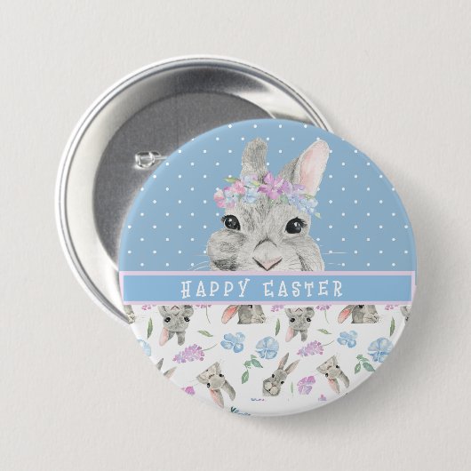 Happy Oaster Bunny Rabbits und Blue Polka Dots Button (Vorne & Hinten)