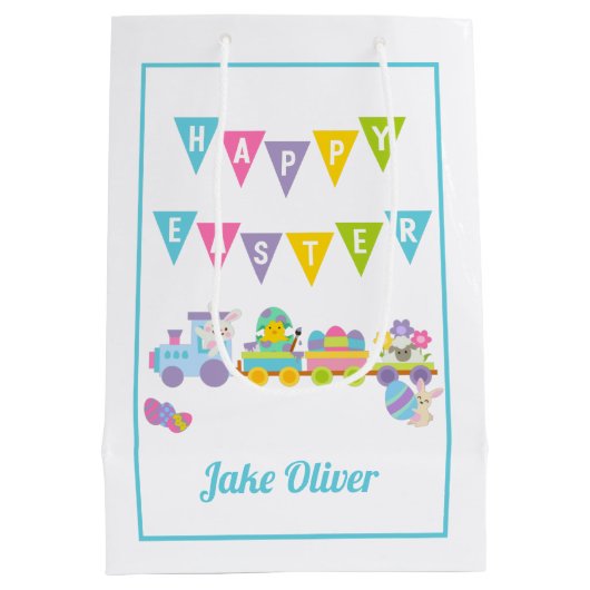 Happy Oaster Bunny Train Blue Medium Mittlere Geschenktüte (Rückseite)