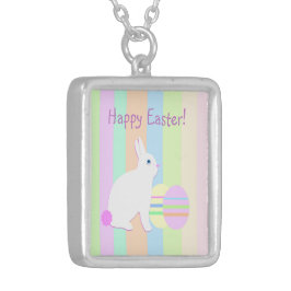 Happy Oaster Bunny und Eier auf Streifen Versilberte Kette