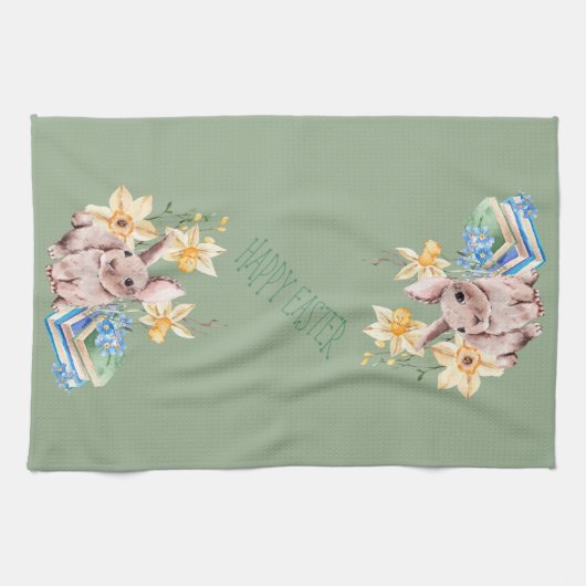 Happy Oaster Bunny und Stapel von Büchern Geschirrtuch (Horizontal)