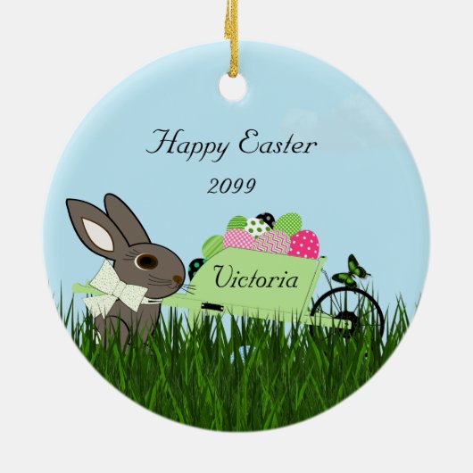 Happy Oaster Bunny w Wheelbarrow Eier Keramik Keramik Ornament (Hinten)