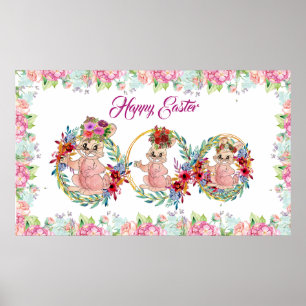 Happy Oaster Bunny Watercolor Blumenstrauß Kinder Poster