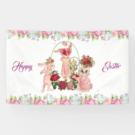 Happy Oaster Bunny Watercolor Blumenstrauß Party Banner (Horizontal)