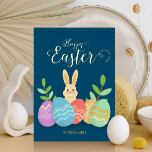 Happy Oaster   Cartoon Bunny & Eggs Gold Folien Feiertagskarte