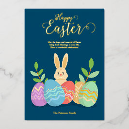 Happy Oaster | Cartoon Bunny & Eggs Gold Folien Feiertagskarte