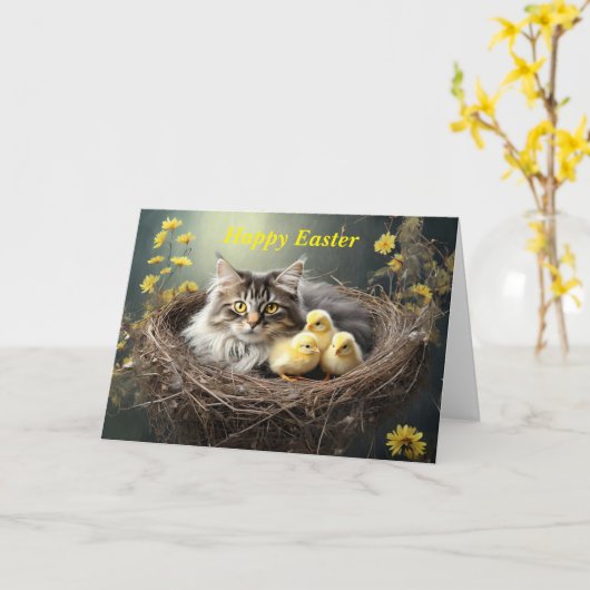 Happy Oaster Cat with chicks Karte (Gelbe Blume)