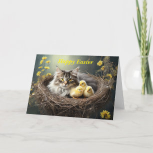 Happy Oaster Cat with chicks Karte