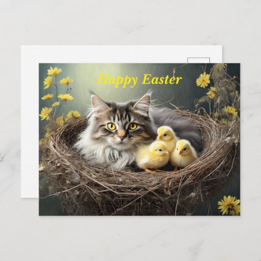 Happy Oaster Cat with chicks Postkarte (Vorne/Hinten)