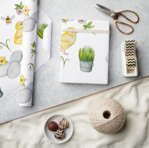 Happy Oaster chick und Frühlingsblumen Geschenkpapier