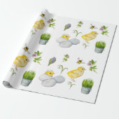 Happy Oaster chick und Frühlingsblumen Geschenkpapier (Ungerollt)