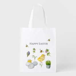 Happy Oaster chick und Frühlingsblumen Wiederverwendbare Einkaufstasche