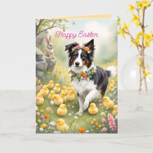 Happy Oaster Collie und Chicks Karte (Gelbe Blume)