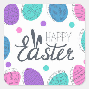 Happy Oaster Colorful Modern Eggs Typografie Quadratischer Aufkleber