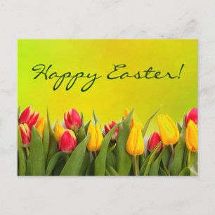 Happy Oaster Colorful Spring Tulips Yellow Green Feiertagspostkarte