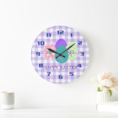 Happy Oaster Country Lavender Gingham Pattern Nied Große Wanduhr (Zuhause)