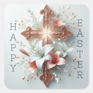 Happy Oaster Cross mit Osterlilies Quadratischer Aufkleber