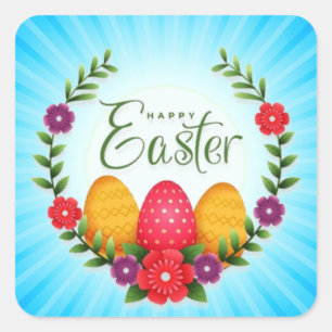 Happy Oaster Eggs Blume-23798 Quadratischer Aufkleber