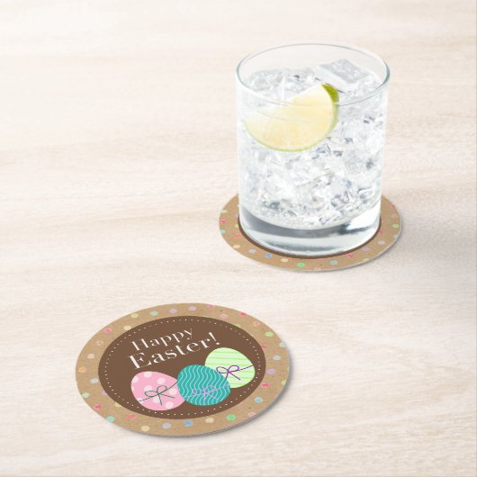 Happy Oaster Eggs Punkte auf Imitate Kraft Paper Runder Pappuntersetzer (Vor Ort)