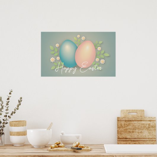 Happy Oaster Eier und Frühlingsblumen Baby blau Poster (Küche)