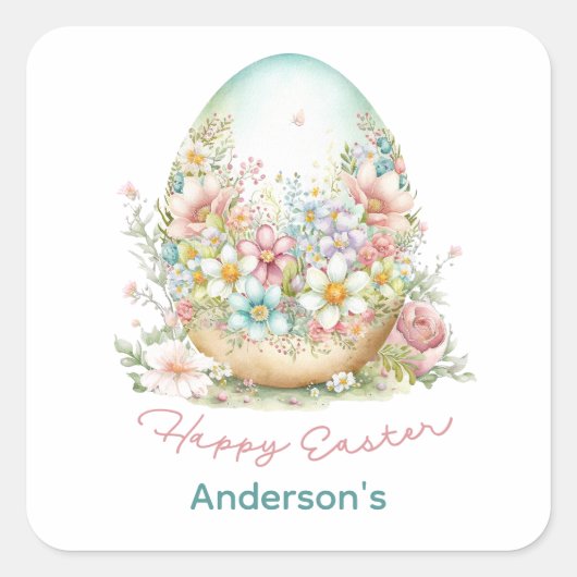 Happy Oaster Floral Easter Egg Personalisiert Quadratischer Aufkleber (Vorderseite)