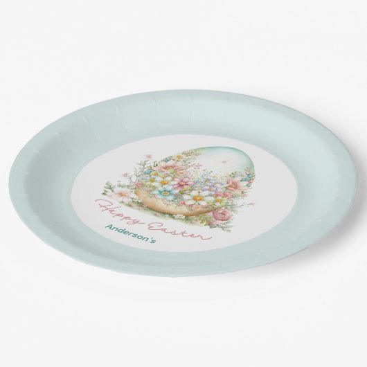 Happy Oaster Floral Egg Personalisierter Name Pappteller (Schrägansicht)