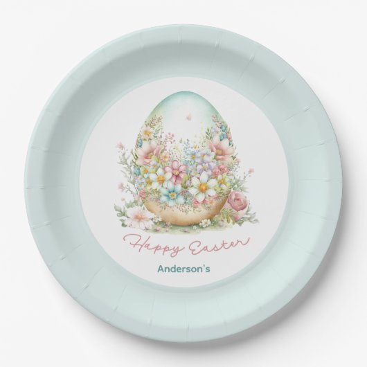 Happy Oaster Floral Egg Personalisierter Name Pappteller (Vorderseite)