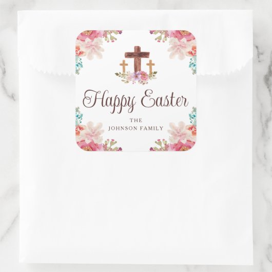 Happy Oaster Floral Watercolor Religious Cross Quadratischer Aufkleber (Tasche)