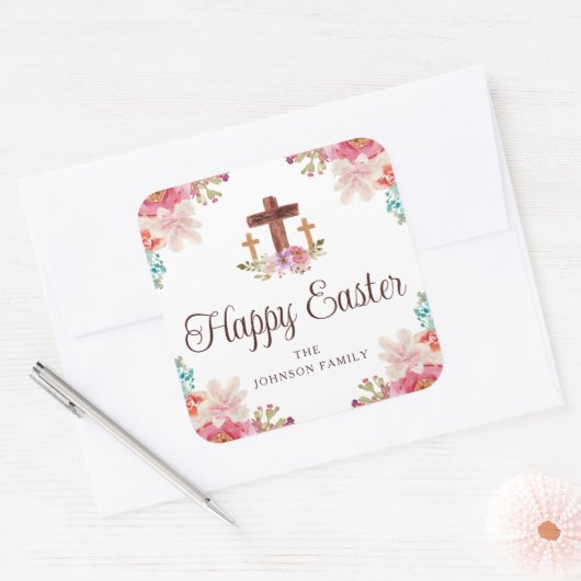Happy Oaster Floral Watercolor Religious Cross Quadratischer Aufkleber (Umschlag)