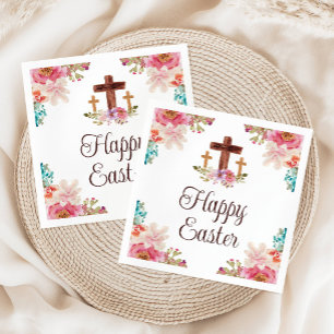 Happy Oaster Floral Watercolor Religious Cross Serviette