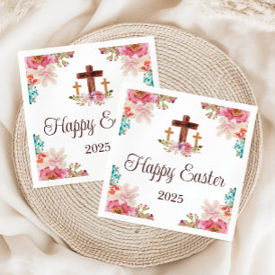 Happy Oaster Floral Watercolor Religious Cross Serviette