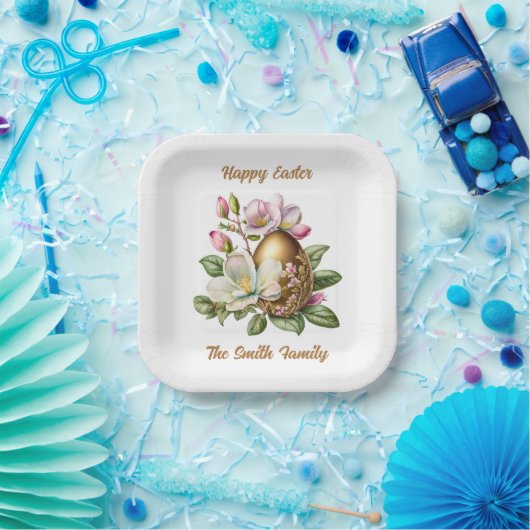 Happy Oaster Gold Floral Egg Paper Plate Pappteller (Party)