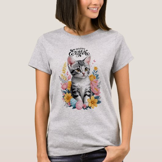 Happy Oaster Gray Tabby mit Blume T-Shirt (Vorderseite)