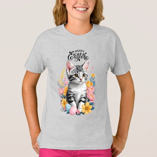 Happy Oaster Gray Tabby mit Blume T-Shirt (Vorderseite)