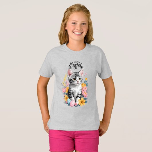 Happy Oaster Gray Tabby mit Blume T-Shirt (Vorne ganz)