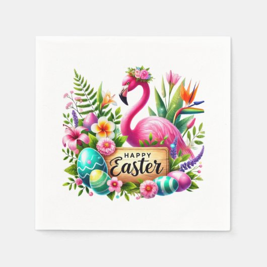 Happy Oaster Hahn rosa Flamingo Strand Papier Serviette (Vorderseite)