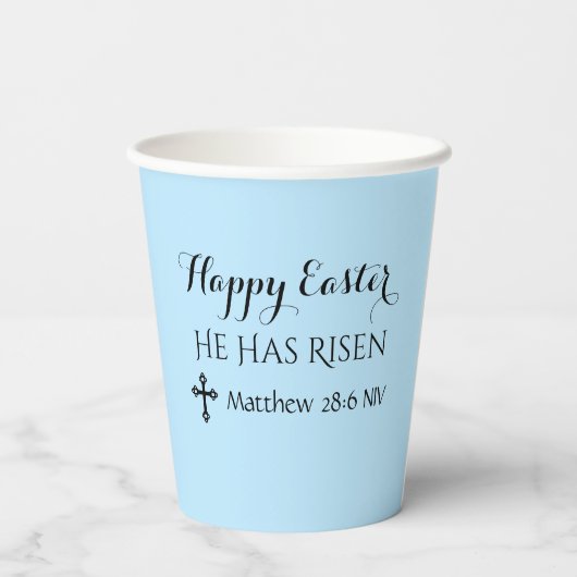 Happy Oaster hat er Risen Bible Verse Light Blue Pappbecher (Rückseite)