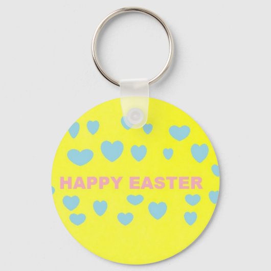 Happy Oaster hellgelbe blaue Herzen Schlüsselanhänger (Vorderseite)